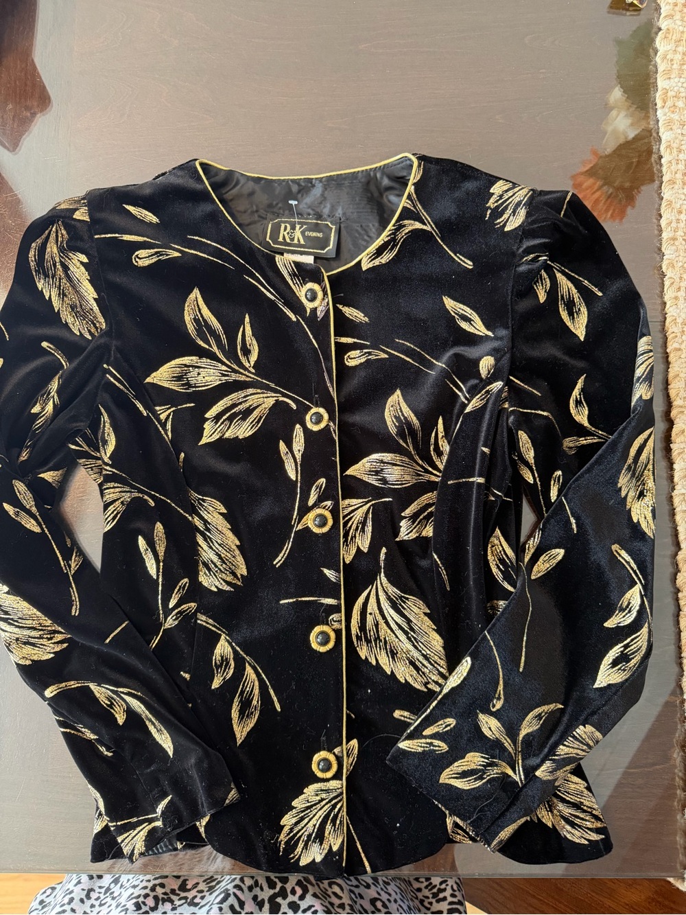 R&K Black Velvet Jacket with Gold Leaf Print Size 10